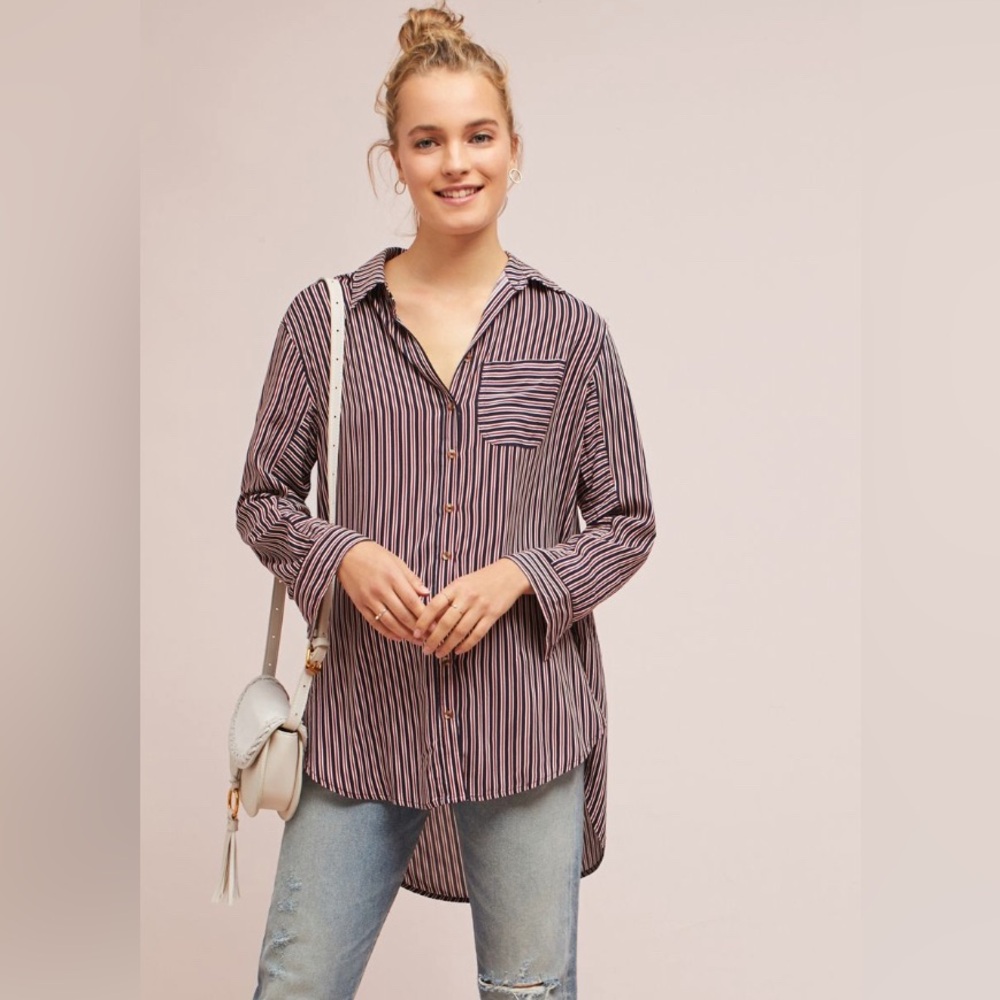Maeve Anthropologie Women’s Adelaide Navy Red Striped Poplin Button Up Shirt, XS